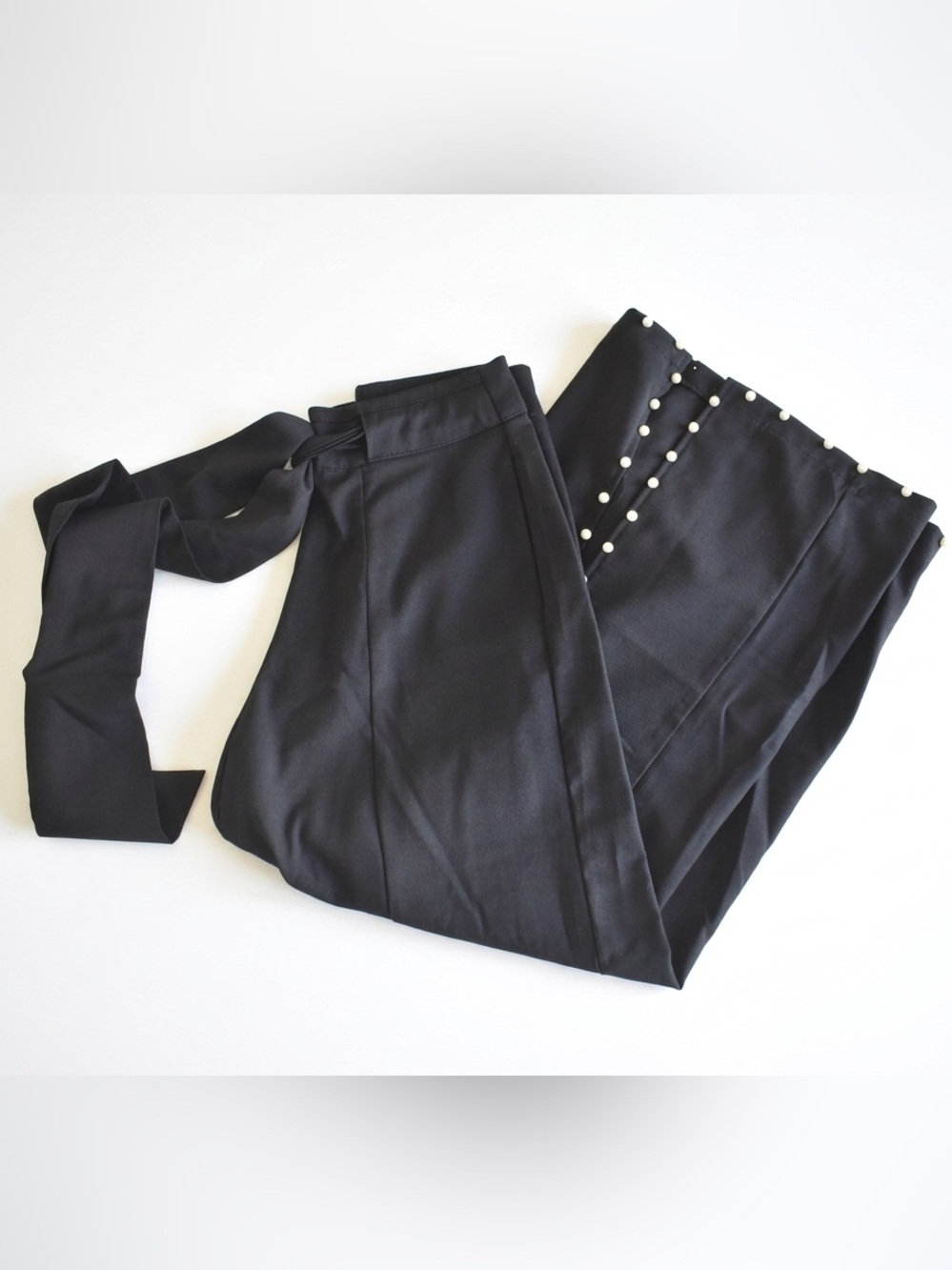 Black Pearl-Embellished Wide Leg Pants